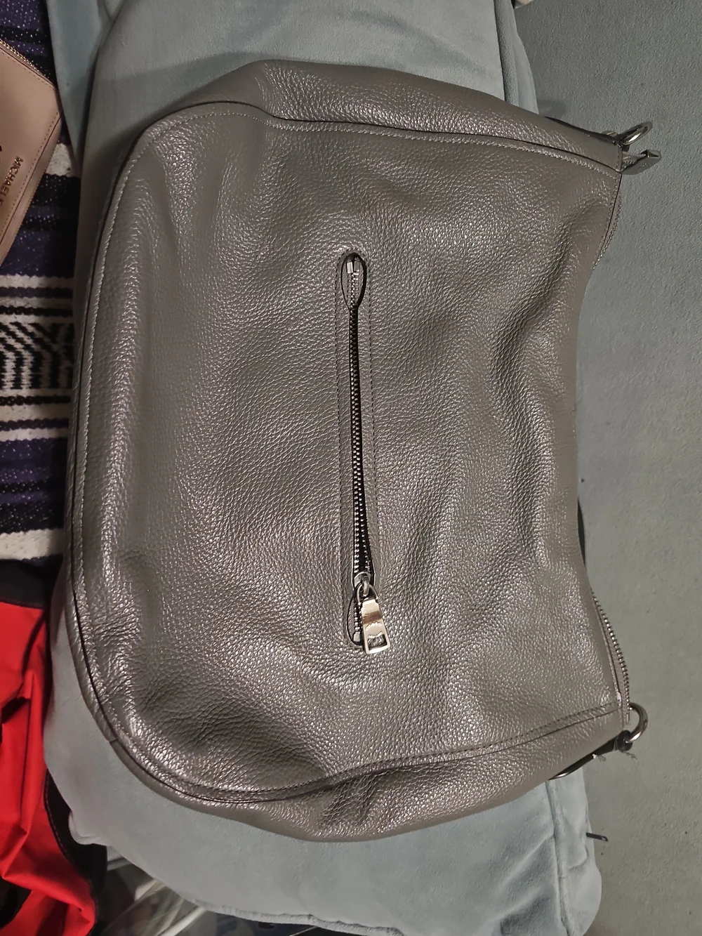 COACH Pebbled Leather Hobo Bag in Gray with Stud Accents